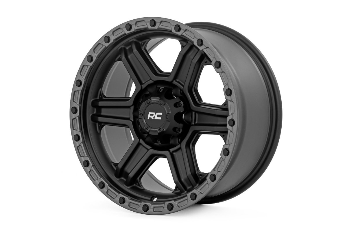 Wheel - Rough Country - 79 Series, 17x8.5, 6x5.5, 0mm Offset, 6-Spoke Design - Semi Gloss Black w/Gunmetal Ring